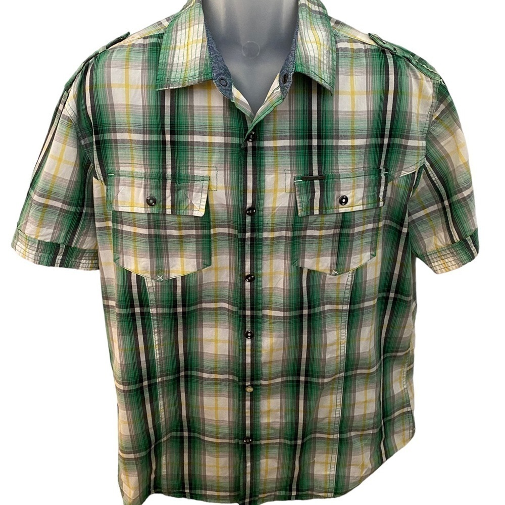ECKO UNLTD Green & Yellow Plaid Short Sleeve Collared Shirt Men XL